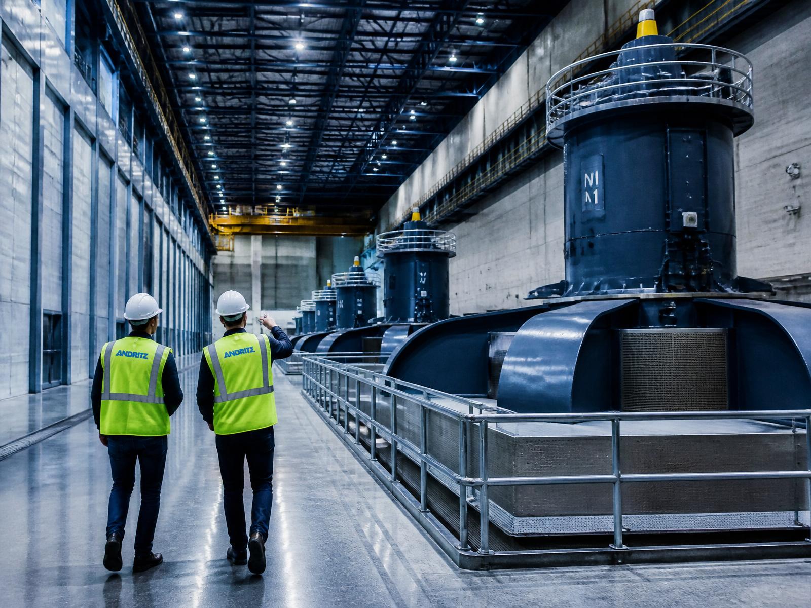Engineers inspecting a hydropower turbine hall