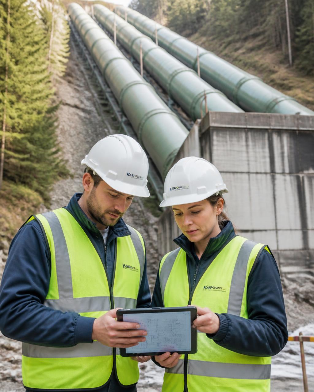 Engineers reviewing project drawings at a hydropower site