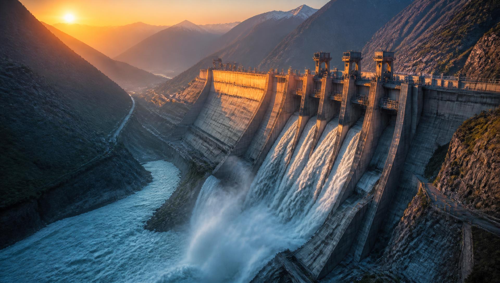 Massive Himalayan hydropower dam at sunrise