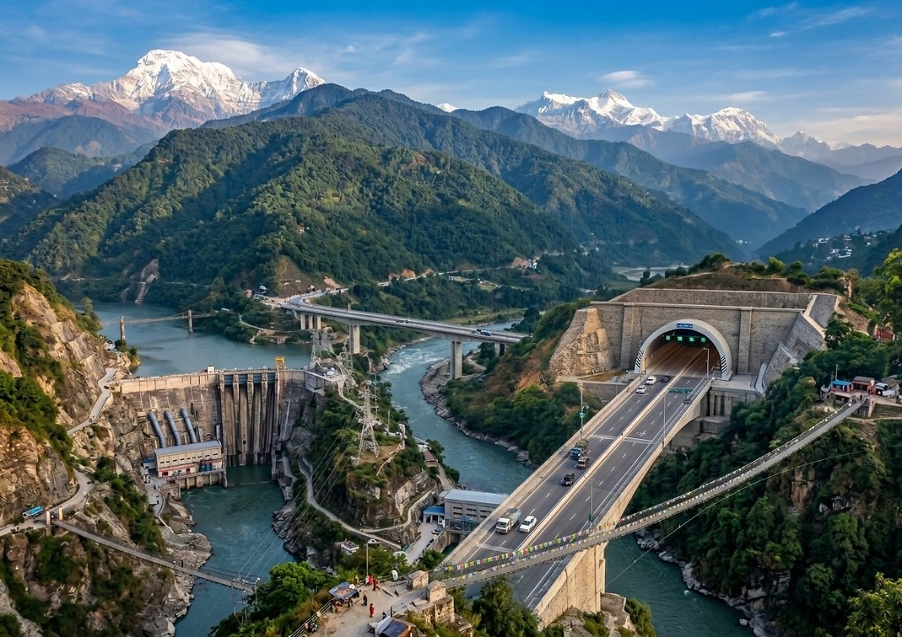 Hydropower dam, highway bridge and tunnel in a Himalayan valley